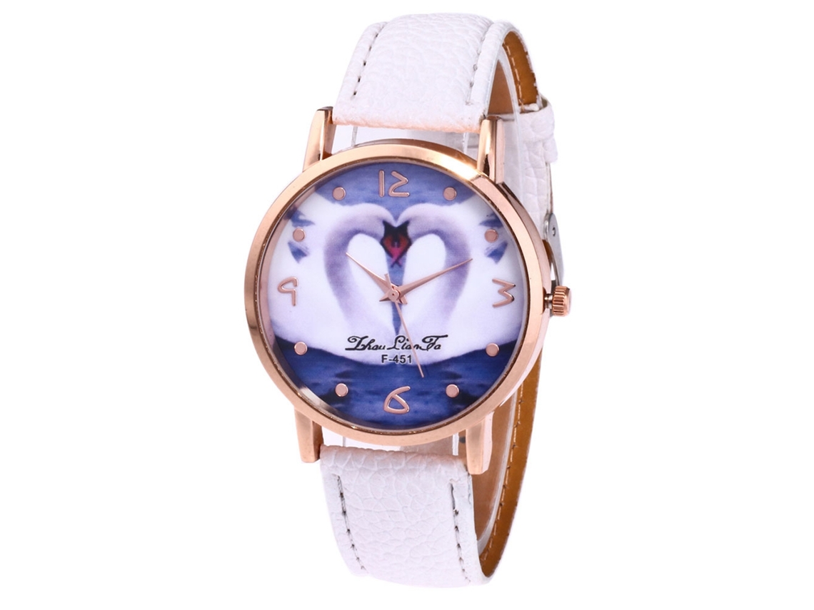 Relógio de pulso estudantil com pulseira de PU, estampa quadrada de cisne e coração (branco)