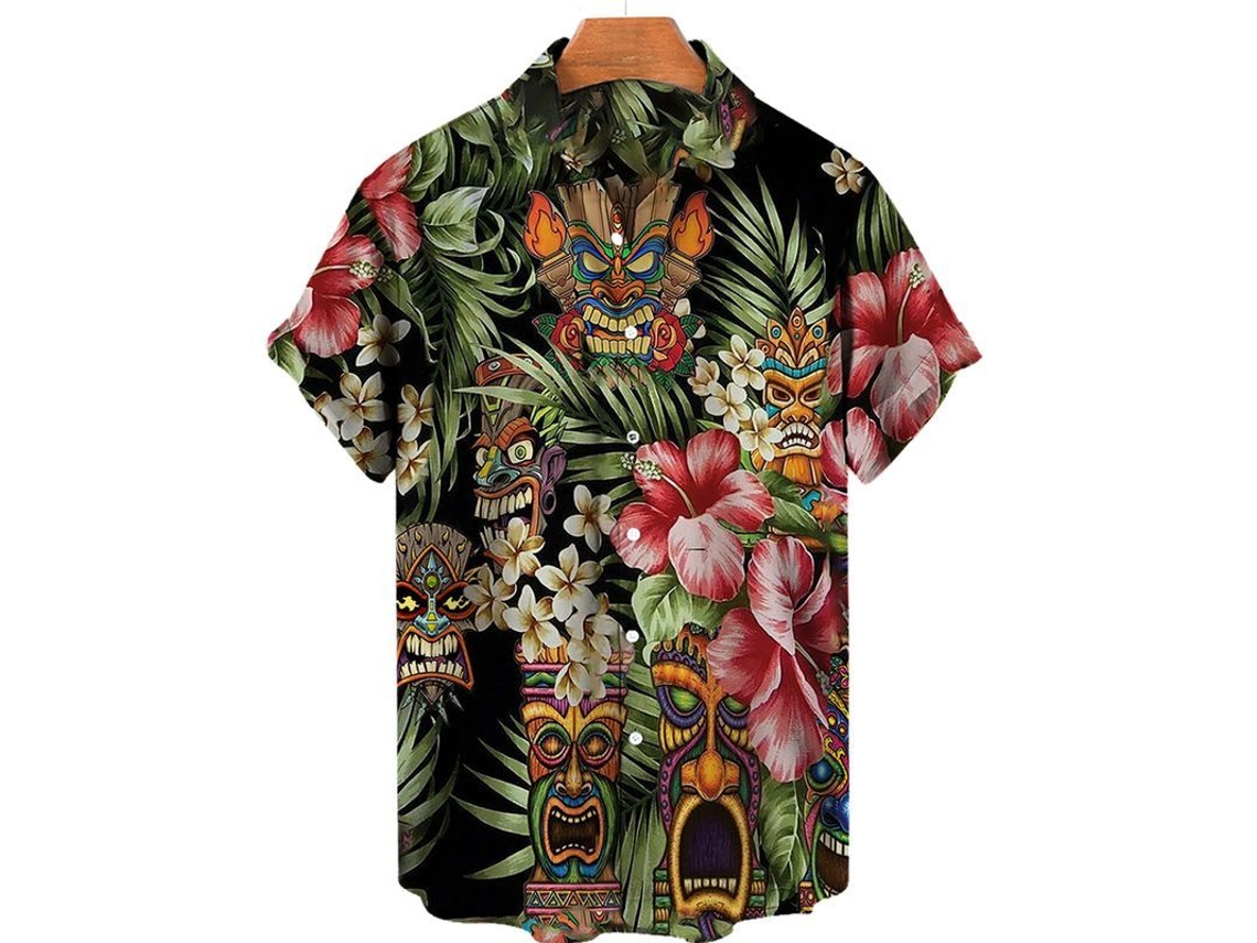 Camiseta Casual Masculina De Verão Com Estilo Hip Hop, Padrão Patchwork, Manga Curta E Gola De Botão - Tamanhos Xs A 5xl Verde
