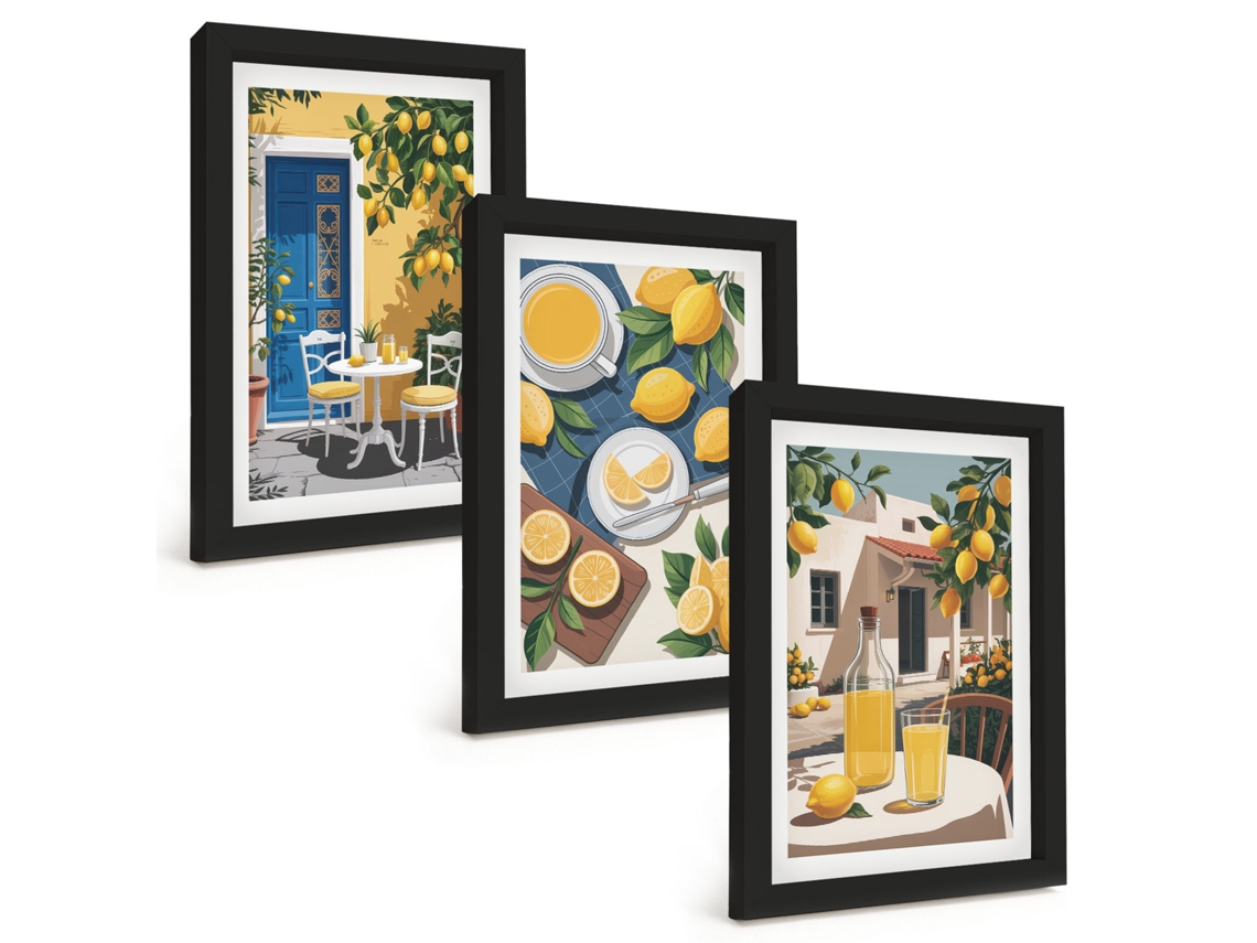 Conjunto De Pinturaslimonada, Pátio, Sol Moldura Preta Quadros Para A Sala De Estar Espelharte (3 Peças 20x30 Cm)