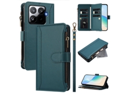 Capa De Couro Tkdaddy Para Xiaomi 15t Pro Com 9 Compartimentos Para Cartões, Suporte Tipo Carteira E Zíper, Com Alça De Pulso, Verde Escuro