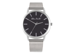 Relógio Analógico de Quartzo com Pulseira de Malha Simples Casual para Presente (prata+preto)