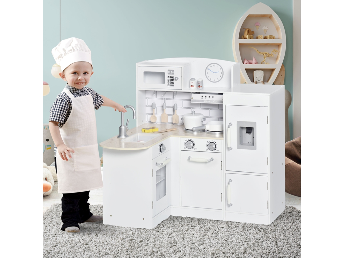 Cozinha de Faz de Conta 14 Peças com Eletrodomésticos, Dispensador de Água e Acessórios, 86x64x84,5 Cm na Cor Branca
