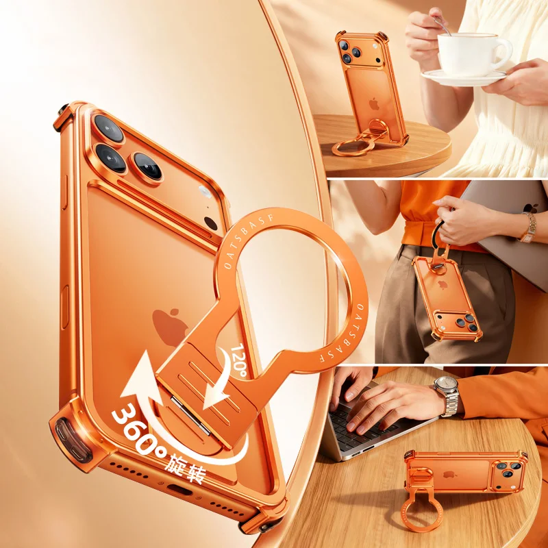 Capa Magnética Para Celular (iphone 17 Pro Max Laranja) Com Suporte Giratório, Compatível Com Carregamento Sem Fio Magsafe.