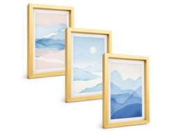 Conjunto De Pinturasmontanhas Em Aquarela Azul E Rosa Moldura Dourada Quadros Para A Sala De Estar Espelharte (3 Peças 20x30 Cm)