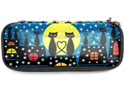 Estojo grande com estampa de gatos sentados no chão e neve caindo, ideal para escola, mesa de trabalho e adultos.