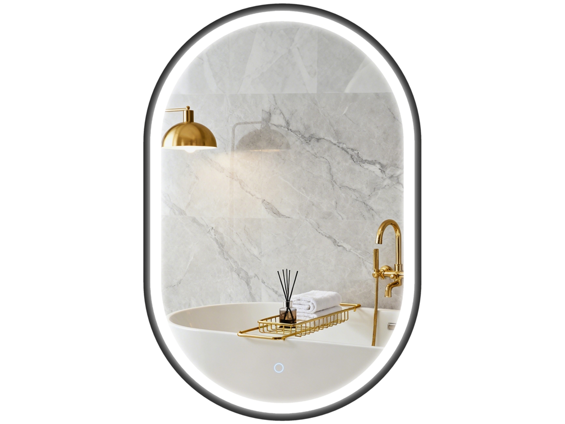 Espelho Banho C/ Luz 60x90 Oval, 3 Cores, Brilho Regulável, Antivapor, Memória, Preto