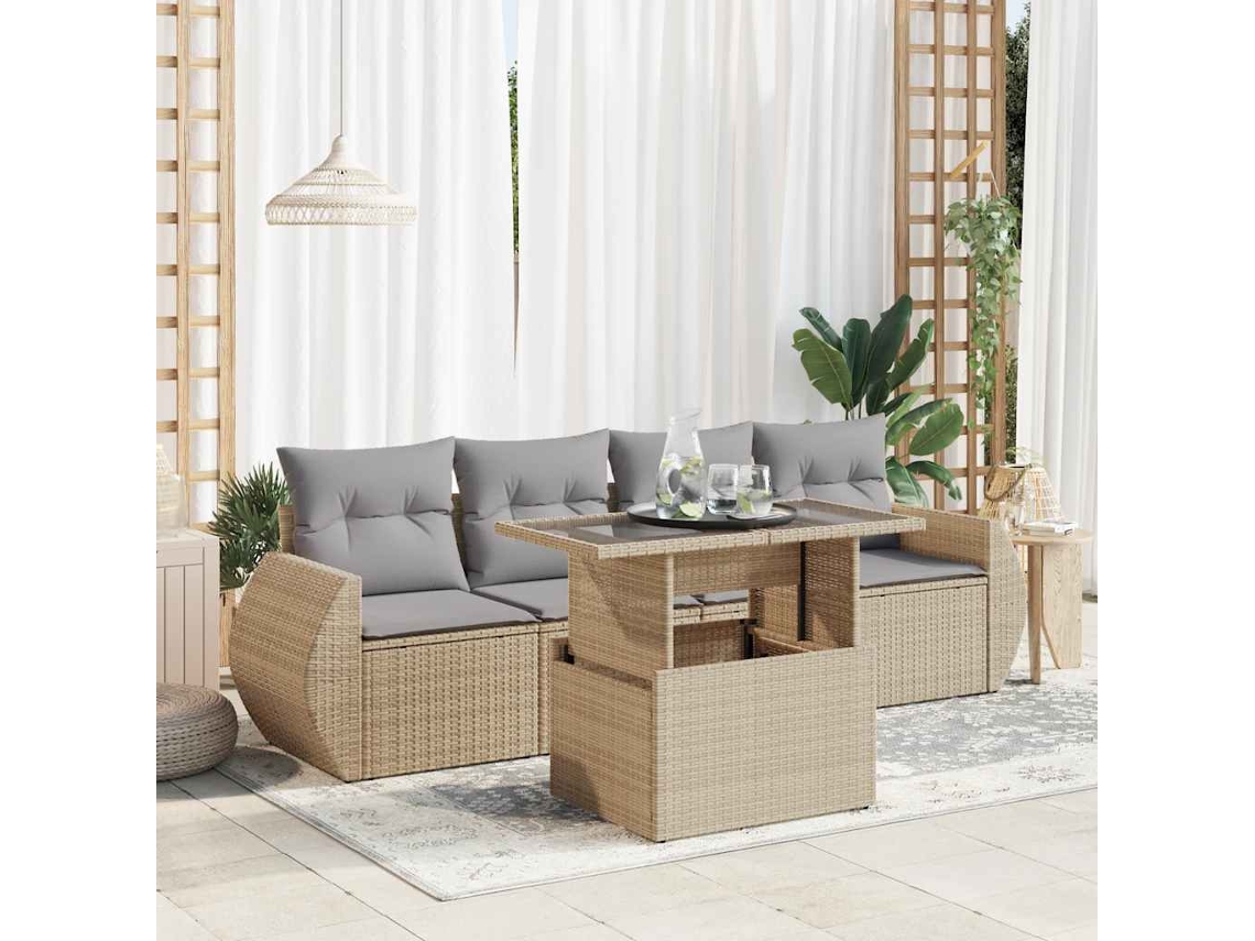 Vidaxl 5 Pcs Conjunto De Sofás P/ Jardim Com Almofadões Vime Pe Bege