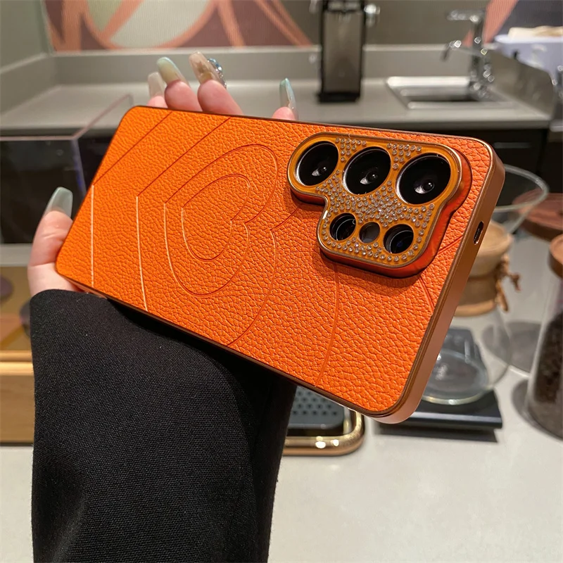 Capa Protetora De Couro Com Formato De Coração E Diamante Para Câmera (laranja Galaxy S25 Plus)
