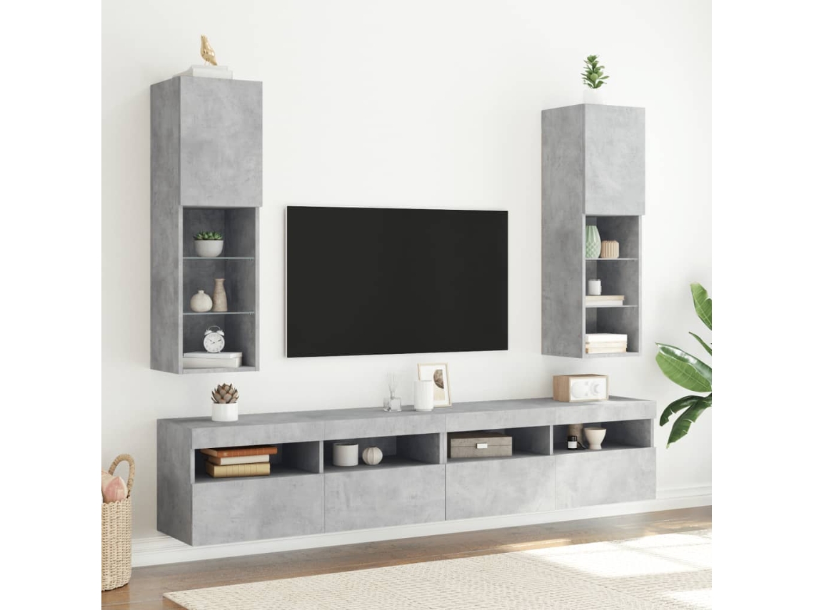 2 Pcs Móveis De Tv | Armário Para Tv | Suporte De Tv Com Luzes Led 30,5x30x102cm Cinzento Cimento Wsd784419 Lovely Home