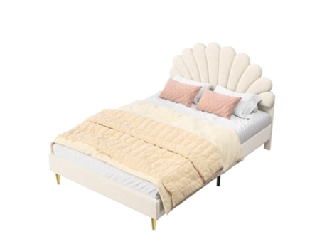 Cama Estofada 140x200cm, Cama Infantil Com Cabeceira Em Forma De Flor E Estrado De Ripas, Cama Juvenil Feita Em Tecido Aveludado Suave Ao Toque Mexus