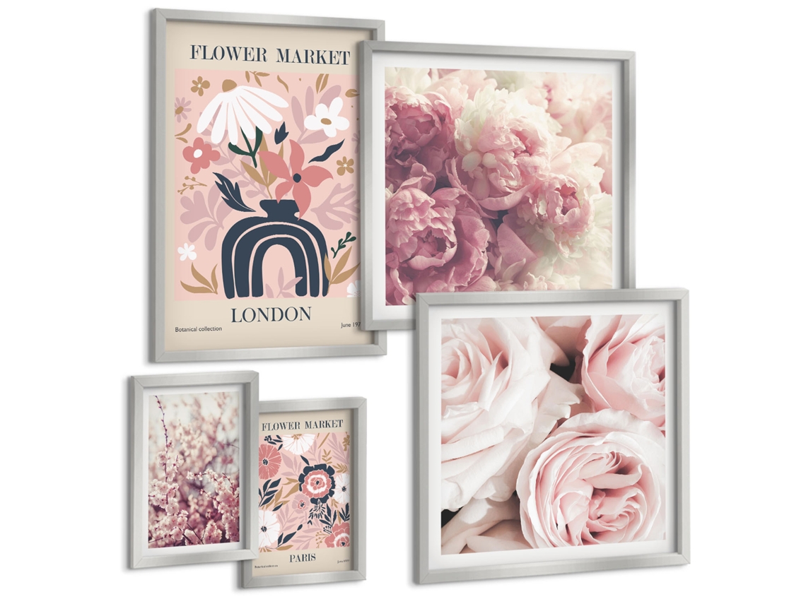 Quadros Decorativos Para Parede Peônias Rosa, Geométrico Moldura Prateada Quadros Para O Escritório Espelharte (conjunto De 5 Imagens)