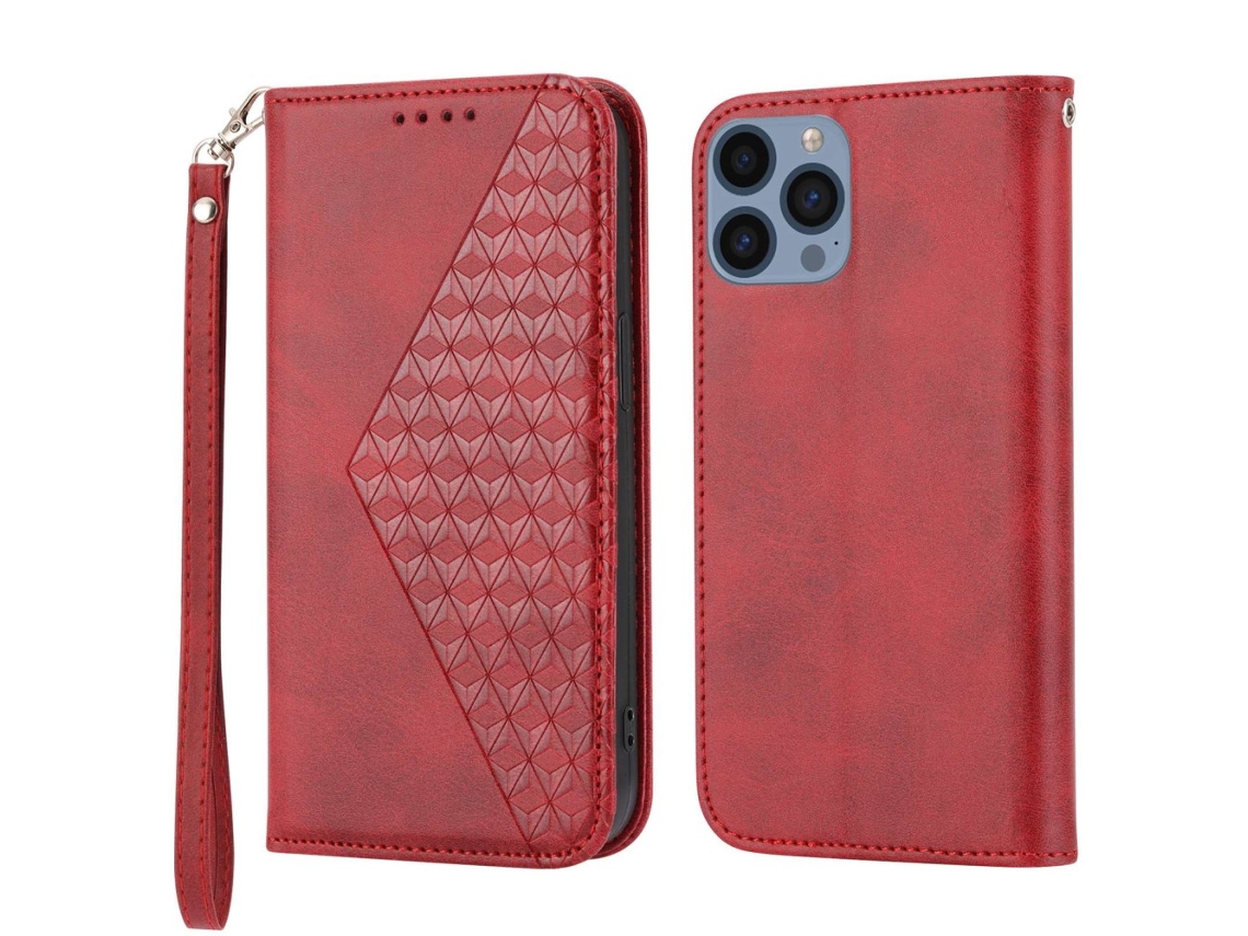 Capa Textura Gémeo Pega Para Iphone 14 Pro Max Pele Sintética Magnética Vermelho
