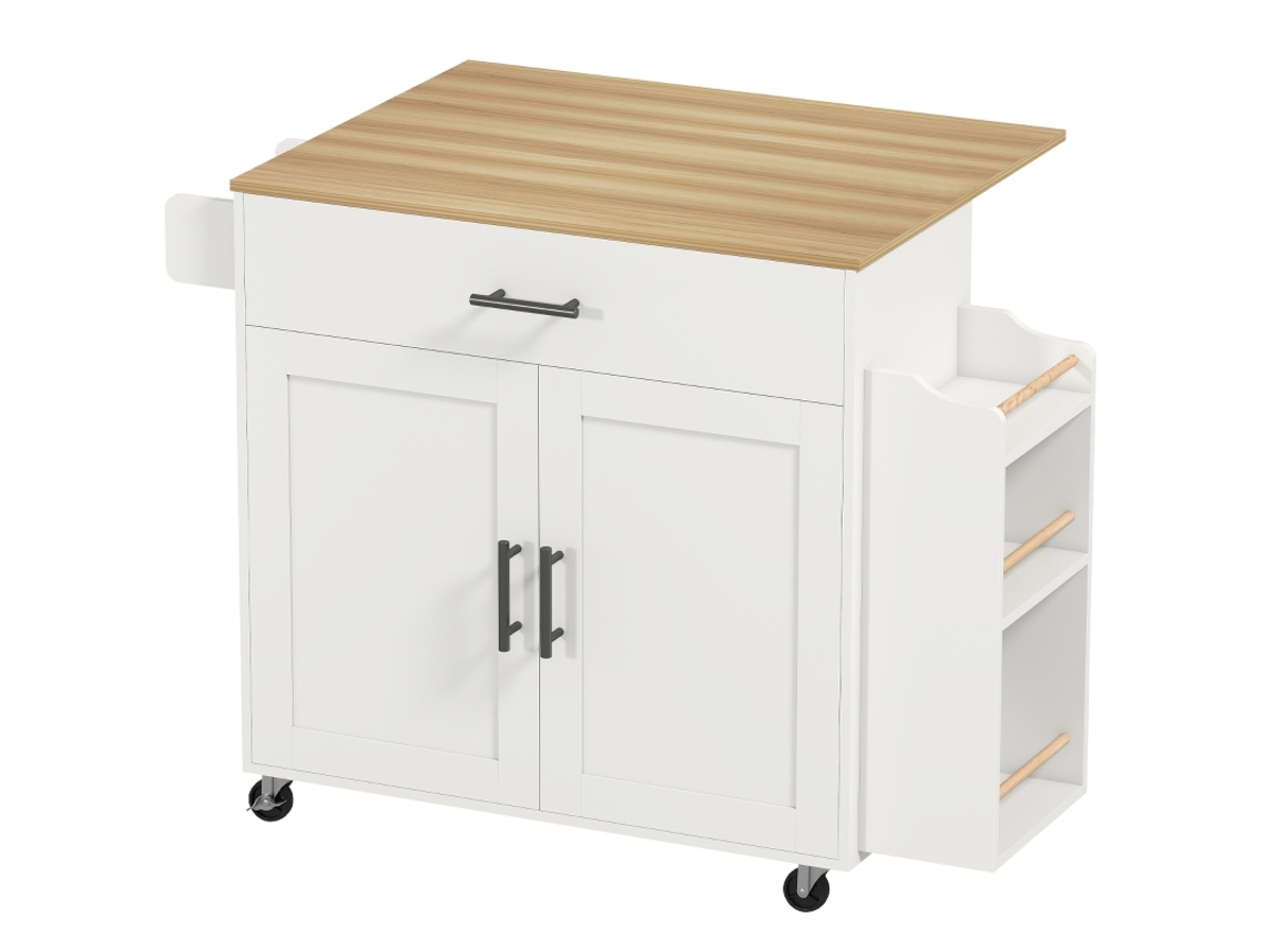 Isla De Cocina, Carrito De Cocina Com Ruedas, Com Encimera Abatible, Cajón, Estante, 120 X 68 X 85 Cm, Branco Zkaka