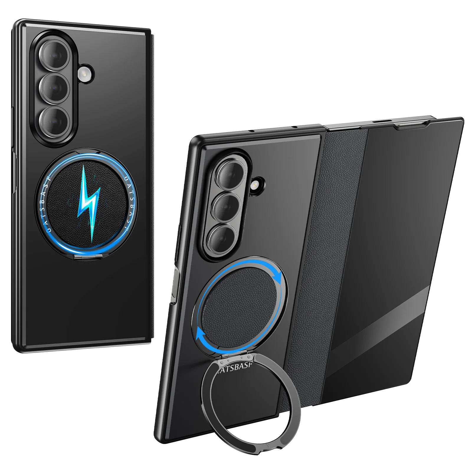 Capa Para Celular (galaxy Z Fold7 Preta) Em Couro Genuíno Com Suporte Magnético, Rotação De 360° E Proteção Contra Quedas.