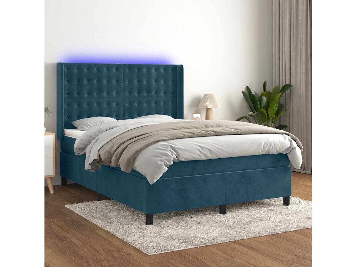Vidaxl Cama Box Spring C/ Colchão/led 140x200 Cm Veludo Azul-escuro