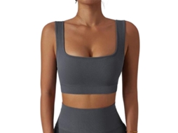 Top de Tirantes Costurado Simples com Sutiã Esportivo para Mulheres Crop Top Casual e Ativo Cinza
