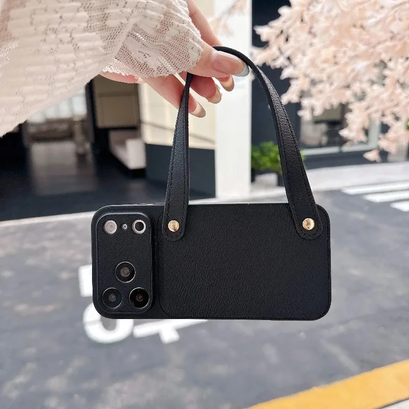 Capa De Couro Genuíno Para Iphone 17 Pro Max Preto, Com Alça De Pulso, Resistente A Impactos E Portátil.