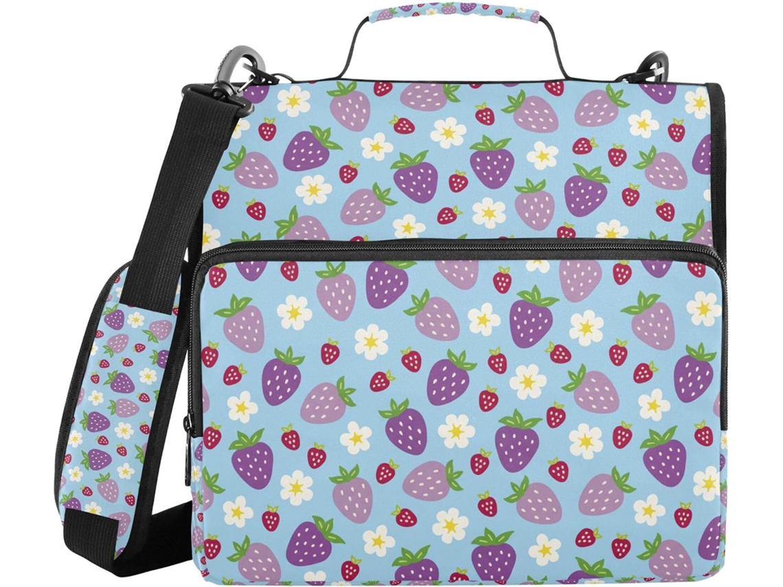 Organizador De Fichário Azul Com Estampa Morango E Flor, Alça De Ombro, Vários Bolsos De 3, 8cm, 3 Carimbos, Pasta E