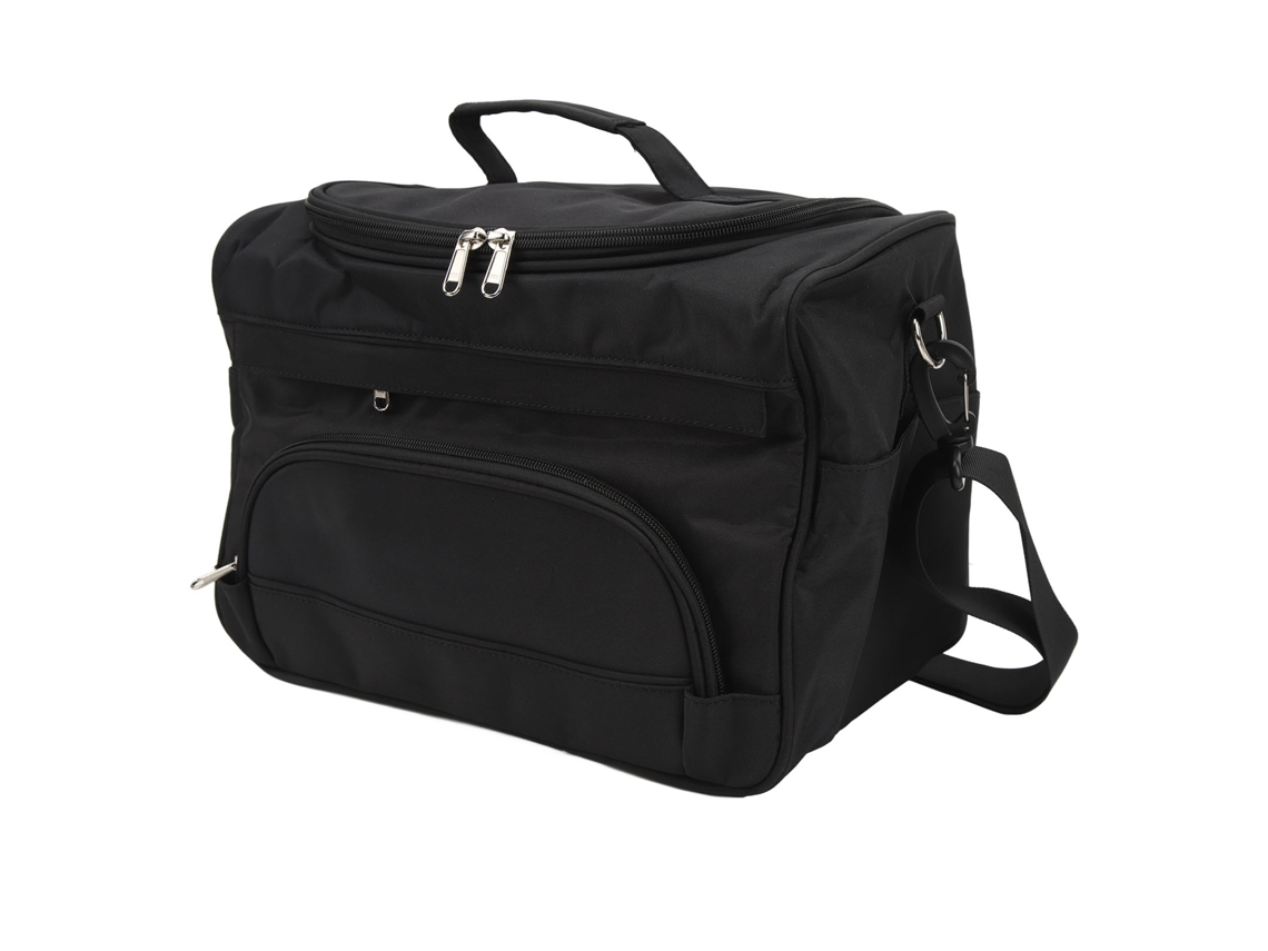 Bolsa de maquiagem multifuncional com zíper e alça de ombro, amplo espaço para viagens e acessórios de cabelo.