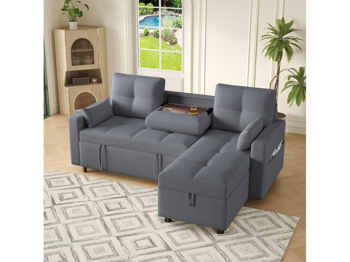 Sofá Canto L Modular 3 Em 1, Converte Em Cama, Com Armazenamento, Porta-copos Retrátil, 2 Almofadas, Linho, Cinza