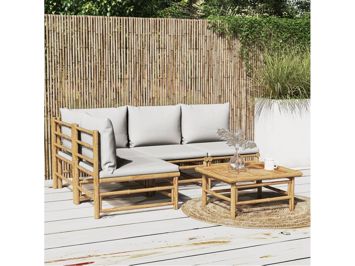Vidaxl 5 Pcs Conj. Lounge De Jardim Bambu C/ Almofadões Cinzento-claro