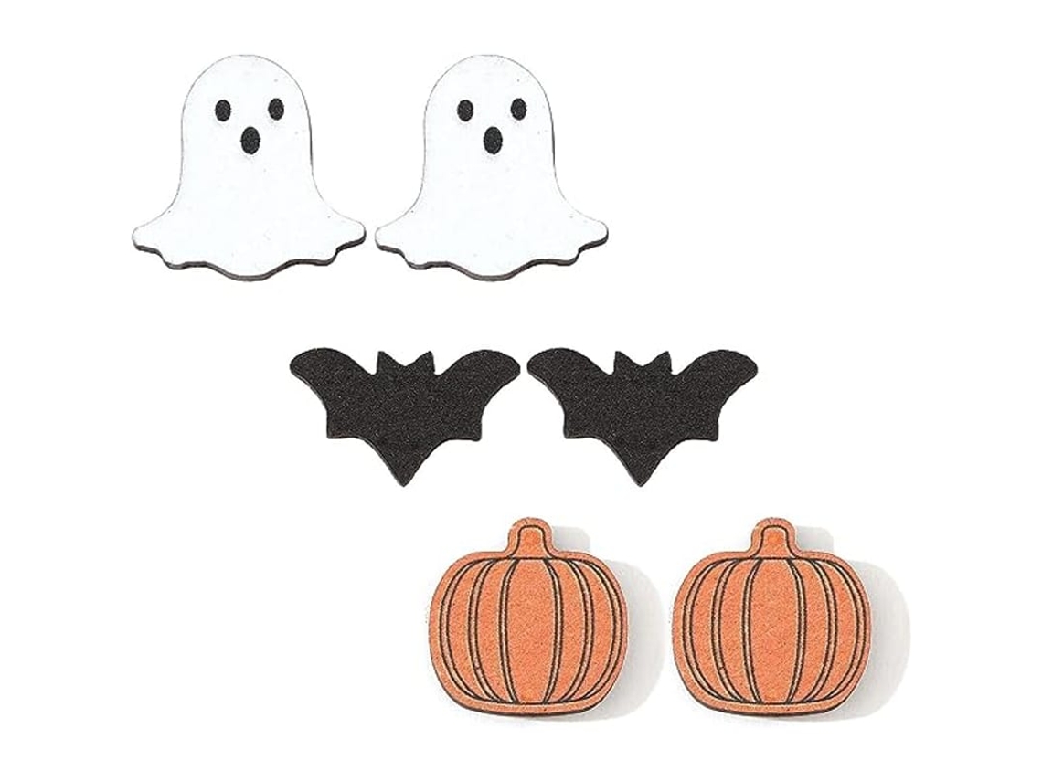 Kit De 3 Pares Brincos De Halloween Para Mulheres Meninas Abóbora Fantasma Morcego Leve Em Madeira Presente De Bijutería