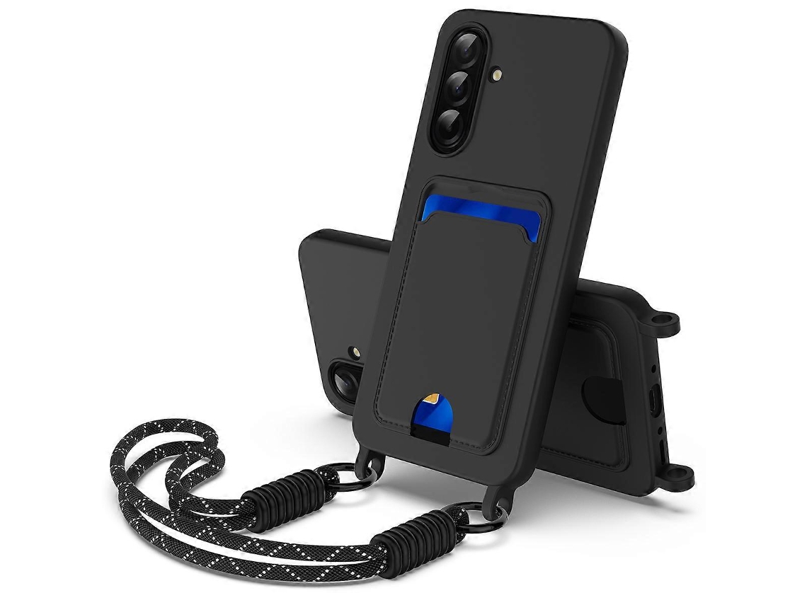Capa Traseira De Silicone Líquido Com Suporte Para Cartão E Alça Curta Preta Para Samsung Galaxy A26 5g