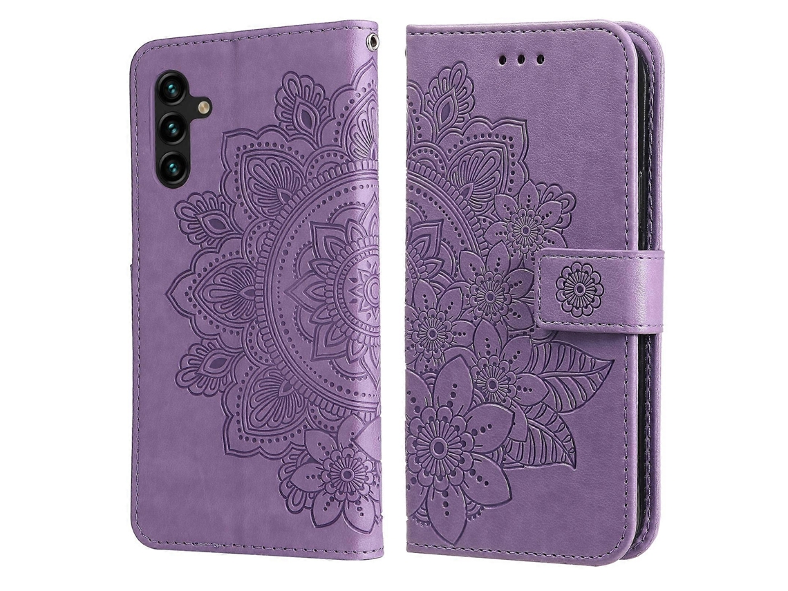 Capa De Couro Com Aba Horizontal, Estampa De Flores De 7 Pétalas Em Relevo, Para Samsung Galaxy A13 5g, Com Suporte E Compartimentos Para Cartões.