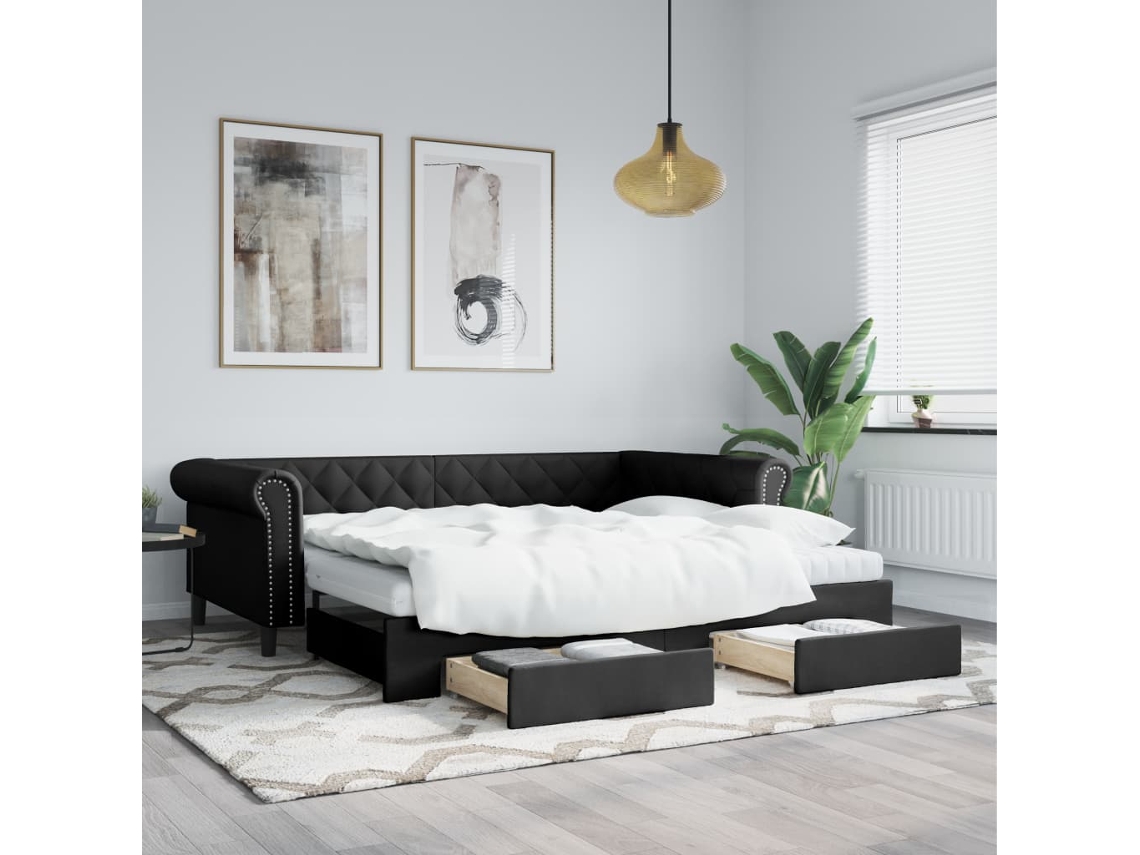 Vidaxl Sofá cama C/ Gavetão e Gavetas 90x200 Cm Couro Artificial Preto
