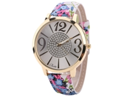 Relógio de Pulso Feminino com Pulseira de Pu Estampa Floral Dial Grande Quartzo Azul