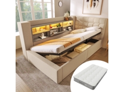 Cama Estofada 90x200cm, Bege Linho, Led, Armazenamento Hidráulico, Cabeceira L, Base Ripas, Com Colchão-op