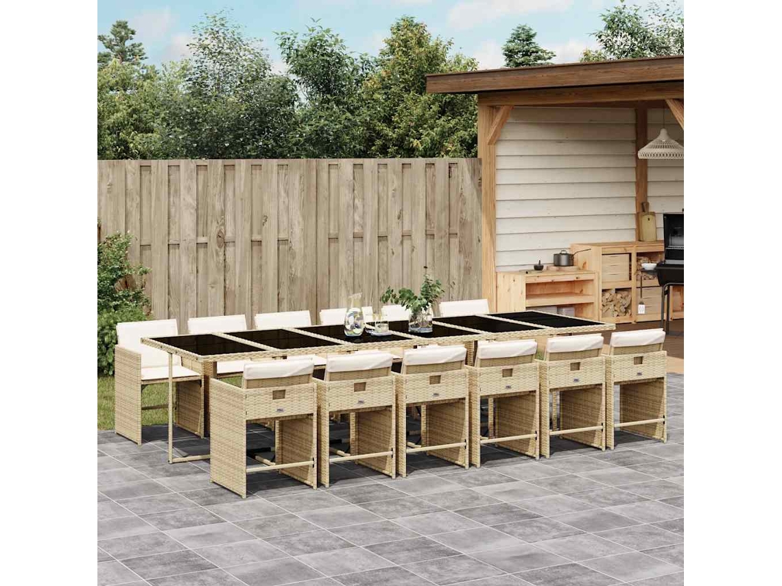 Vidaxl 13 Pcs Conjunto de Jantar P/ Jardim com Almofadões Vime Pe Bege
