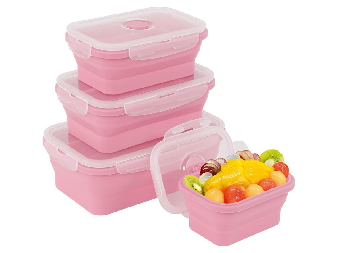 2026 4 Recipientes de Silicone Plegables Con Tapa, Almacenamiento de Alimentos, Ahorro de Espacio, Microondas, Refrigerador, Rosa