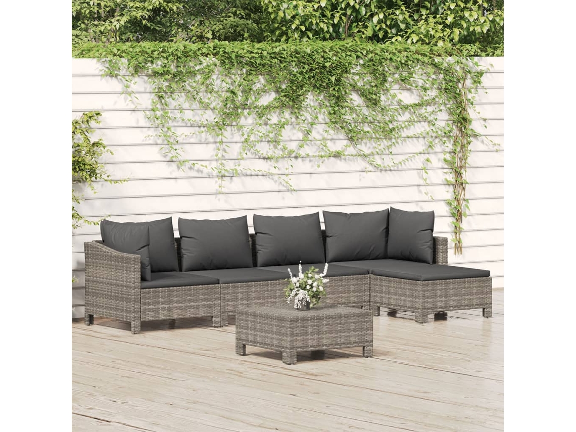 Vidaxl 6 Pcs Conjunto Lounge De Jardim C/ Almofadões Vime Pe Cinzento