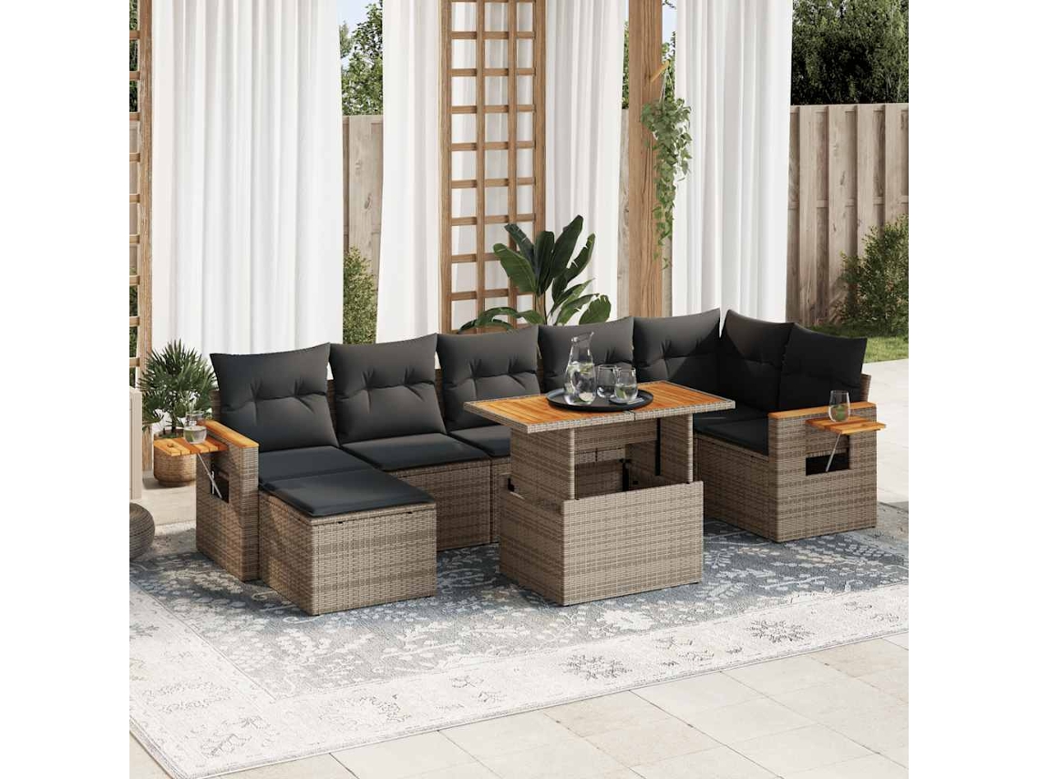 Vidaxl 8 Pcs Conjunto Sofás Jardim Almofadões Vime Pe/acácia Cinzento