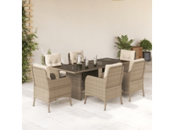7 Pcs Conjunto De Jantar P/ Jardim Com Almofadões Vime Pe Bege Dkd Home Decor