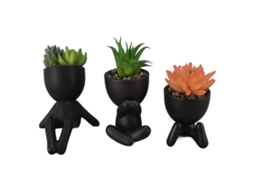 3pcs Conjunto Planta Suculenta Artificial Mini Vasos Decor Mesa Prateleira Casa Preto