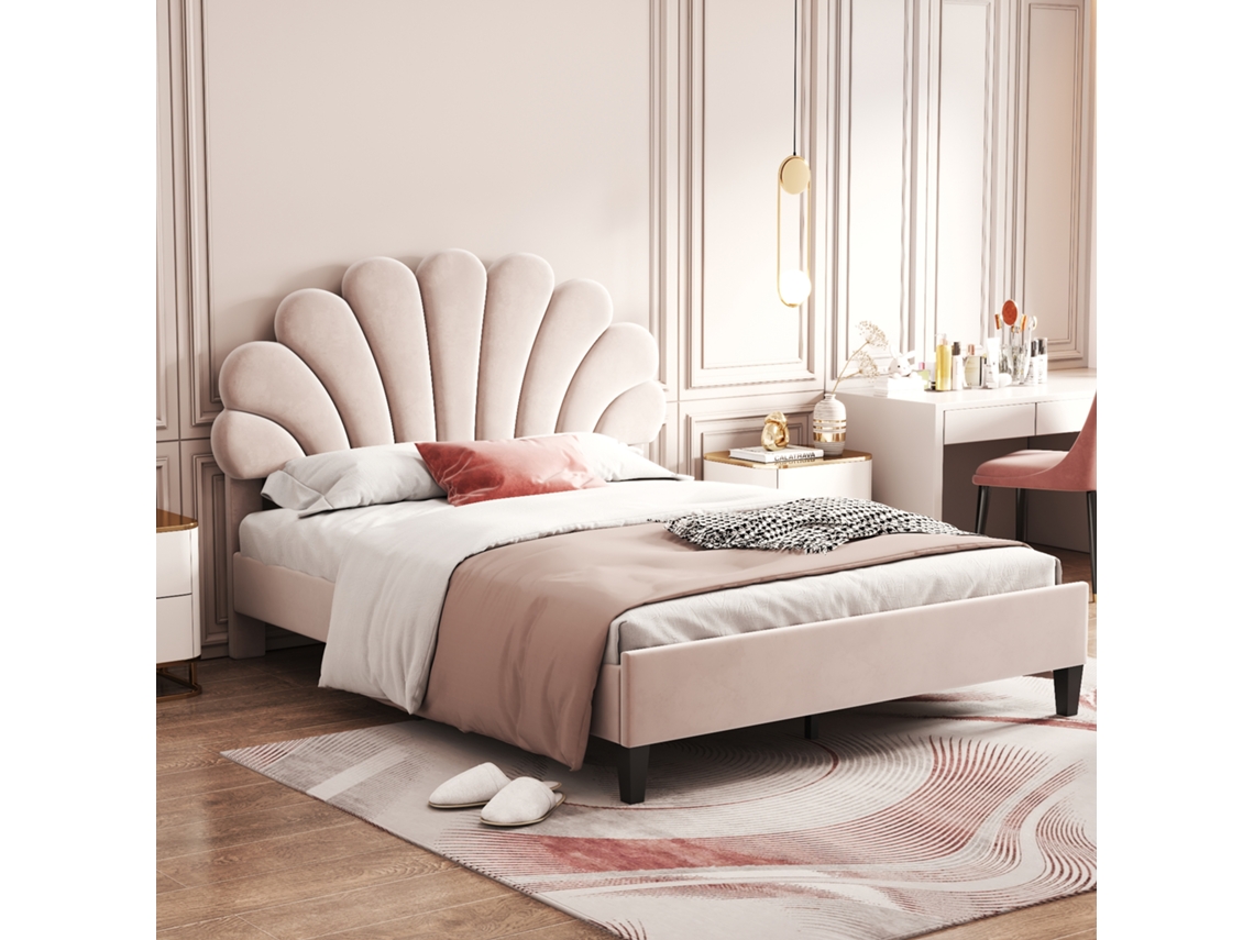 Cama Casal Bege 140x200cm Estofada, Cabeceira Floral, Veludo.-op