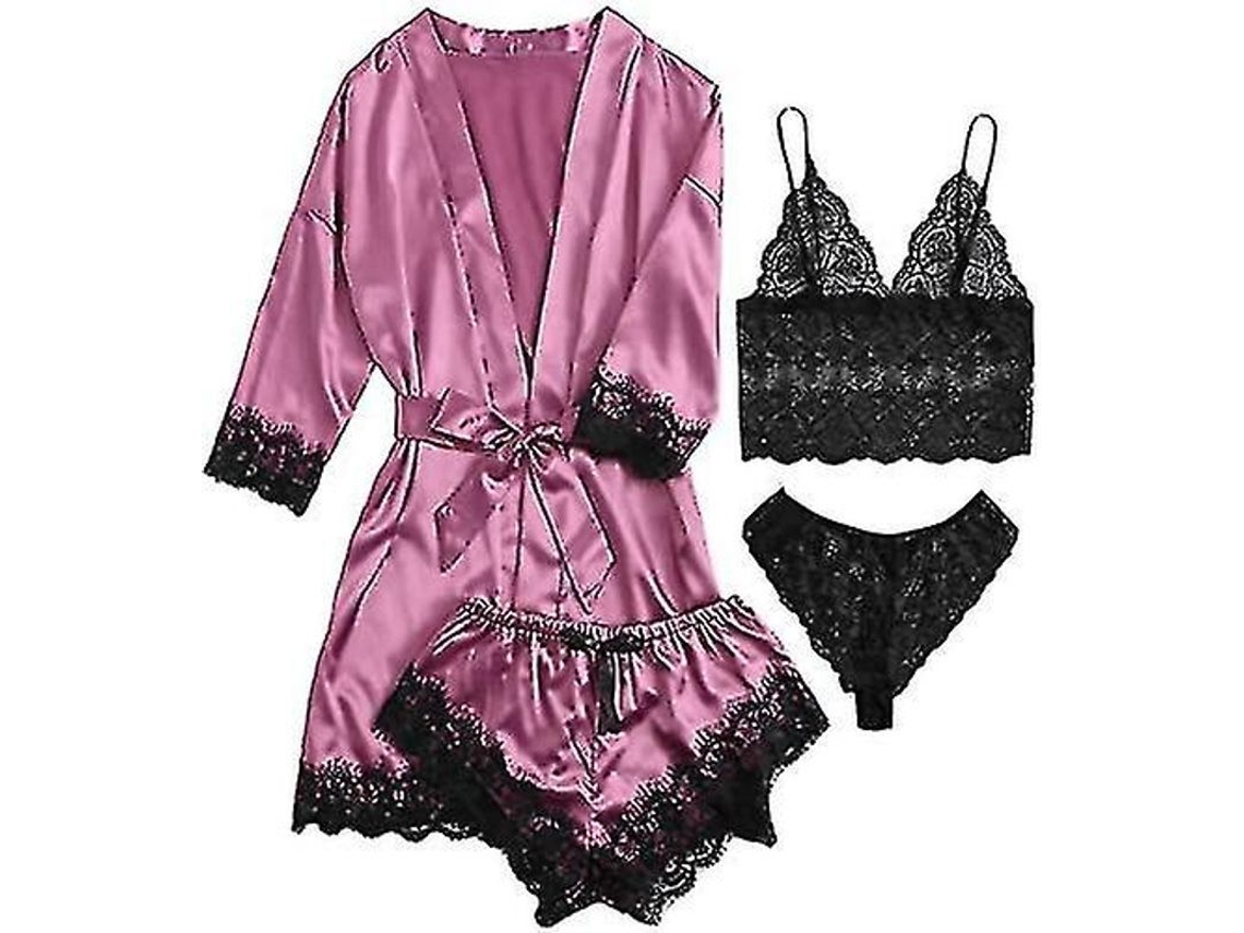 2026 conjunto de Pijama de Seda com Batista 4 Peças para Mulher com Encaje Floral e Cinto