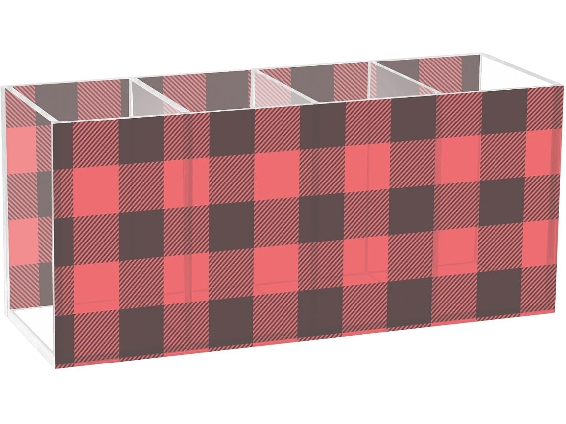Kll Organizador De Lápis Em Acrílico, Estampa Xadrez Búfalo, Vermelho E Preto, Acessório Quarto, Organizador De