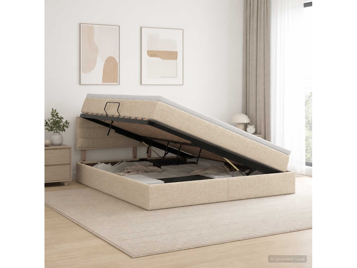 Vidaxl Cama De Armazenamento Led Com Colchão Creme 140 X 200 Cm Tecido