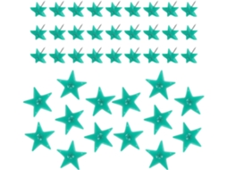 Conjunto de 50 tachininhas em formato de estrela de cinco pontas, em plástico e metal, na cor verde, ideais para mesa e decoração.