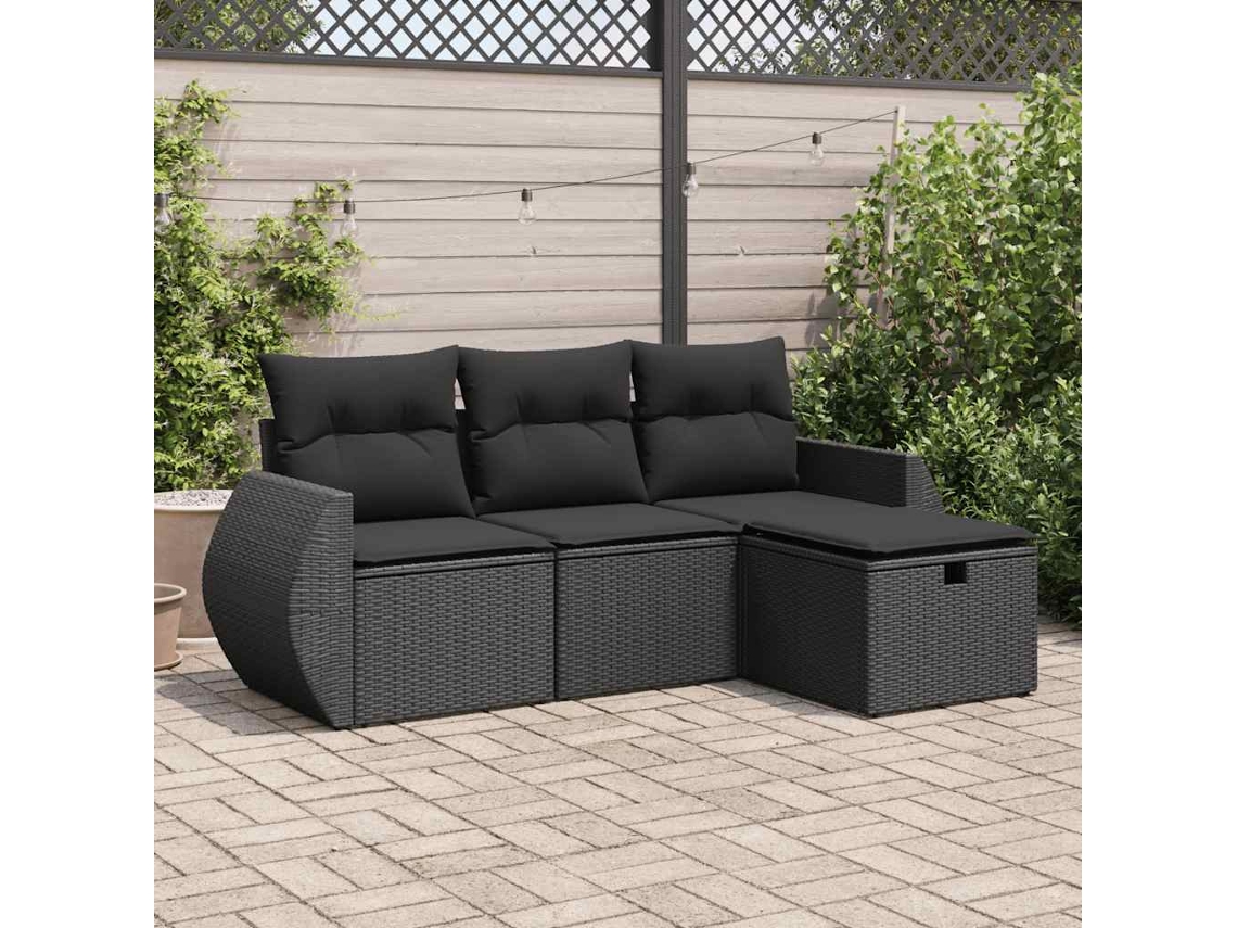 Vidaxl 4 Pcs Conjunto de Sofás para Jardim C/ Almofadões Vime Pe Preto