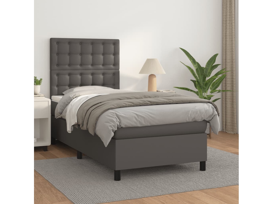 Cama com Colchão de Molas e Cabeceira Pele Sintética Cinzento (80x200 cm)