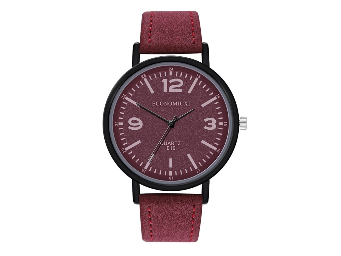 Relógio de pulso de quartzo unissex elegante com pulseira de couro PU roxa.