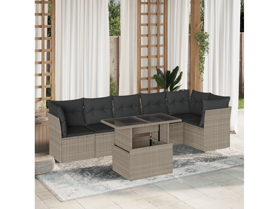 Vidaxl 7 Pcs Conj. Sofás Jardim Com Almofadões Vime Pe Cinzento-claro