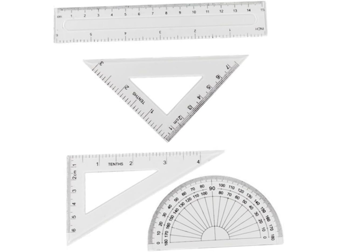 Conjunto de réguas transparentes de 15 cm com 4 peças: régua reta, espátula e esquadro. Material escolar para desenho.