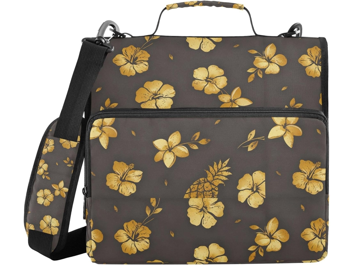 Macarrão resistente com zíper, estampa de flores douradas e abacáxi, altura ideal para ombro e mão, grande capacidade, 3,8 cm de comprimento.