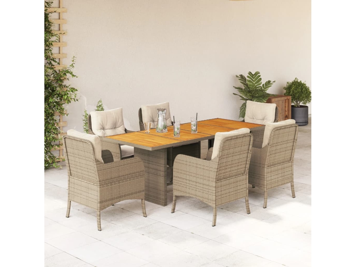 Vidaxl 7 Pcs Conjunto de Jantar P/ Jardim com Almofadões Vime Pe Bege