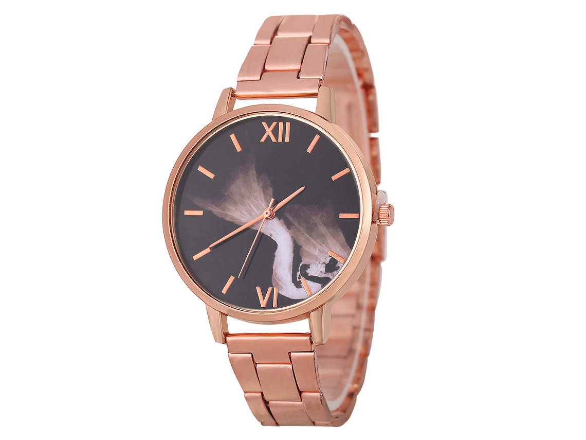 Relógio de pulso elegante em aço inoxidável, nas cores ouro rosa e prata, um presente simples, com mecanismo de quartzo analógico.